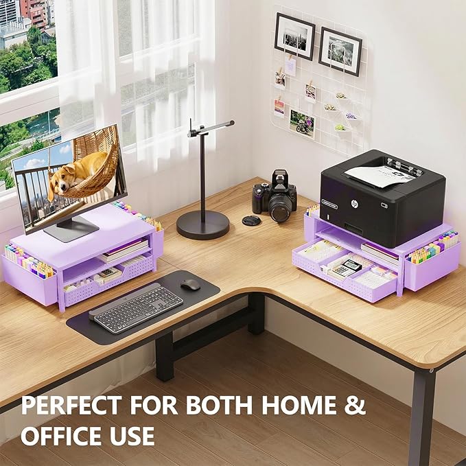 OPNICE Desk Organizers and Accessories, 2-Tier Computer Monitor Stand Riser with Drawer and 2 Pen Holders, Laptop Stand, Office Desk Accessories for Office Supplies, Purple