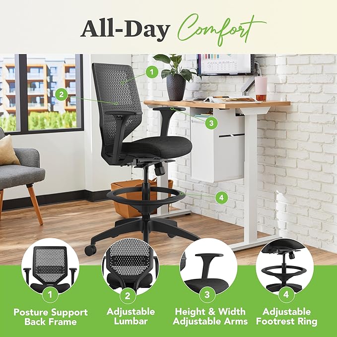 HON Solve Standing Desk Chair with Lumbar Support. ReActiv High Back Support, Ergonomic Office Chair with Foot Rest, Adjustable Height