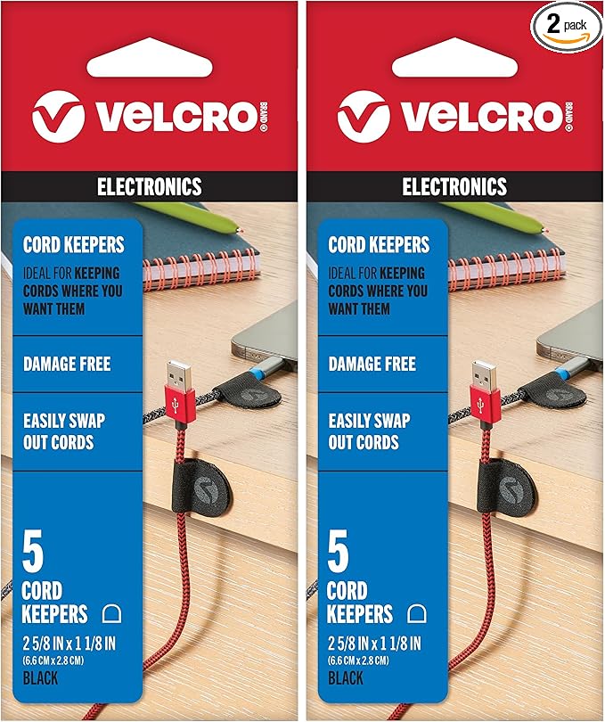 VELCRO Brand Cord Keepers | Charging Cord Organizer, Cord Holder for Nightstand, Desk | Removable Adhesive Backing | Soft Nylon Cable Clips | 5pk, Black (Pack of 2)
