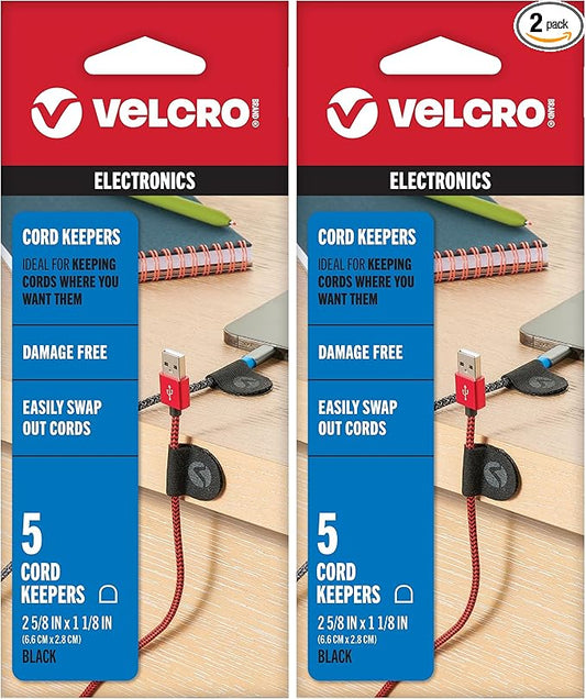 VELCRO Brand Cord Keepers | Charging Cord Organizer, Cord Holder for Nightstand, Desk | Removable Adhesive Backing | Soft Nylon Cable Clips | 5pk, Black (Pack of 2)