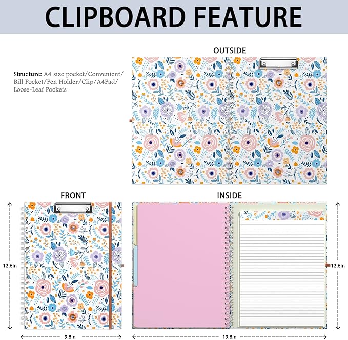 Rimilak Spiral Clipboard Folio with Refillable Lined Notepad, 14.5 x 9.8 in, Hardcover Cover with 5 Interior Pockets, Elastic Band and Pen Loop Series. Cute Stylish Clipfolio, Purple Flower