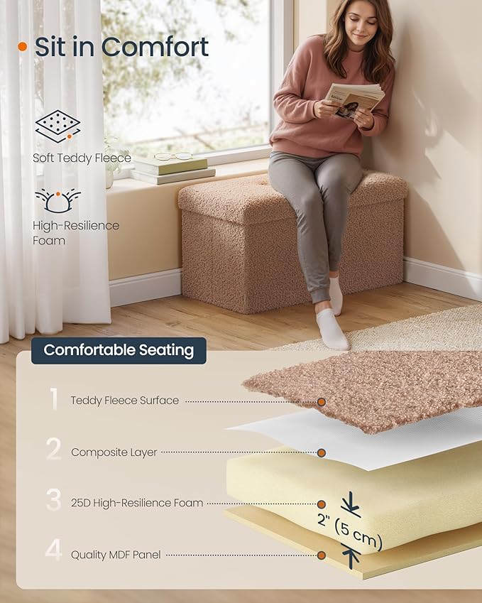SONGMICS Storage Ottoman Bench, Storage Chest, 15 x 30 x 15 Inches, Foot Rest Stool, End of Bed Bench, Load up to 660 lb, for Living Room, Bedroom, Entryway, Camel Brown ULSF096K01