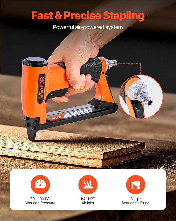 VEVOR Pneumatic Staple Gun, 21 Gauge Air Upholstery Stapler for 80 Series Fine Wire Staples 1/2" Crown 1/4"-5/8" Length, Max 150PCS Loading Air Staple Gun for Upholstering, Woodworking, DIY Projects
