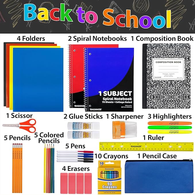 Trail maker School Supplies Kit 45 Piece School Supply Kit Grades K-12 – Back to School Essentials Includes Folders Notebooks Pencils Pens and Much More!