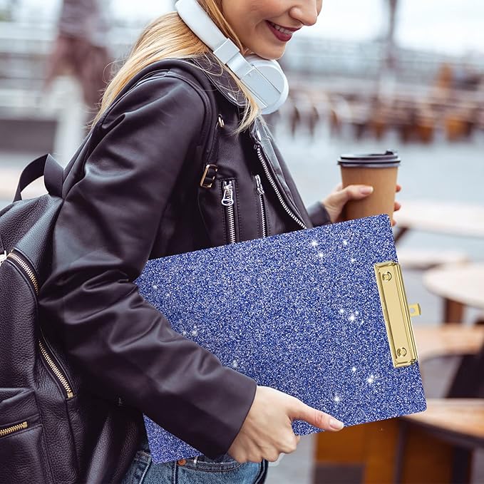 Piasoenc Acrylic Clipboards, Fashion Glitter Clip Board with Low Profile Gold Clip, Designed for Classroom School and Office Use, A4 Letter Size 9 x 12.5 in,Blue