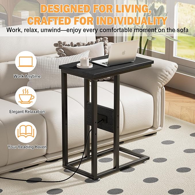 VECELO C Shaped End Table with Charging Station & Power Outlets, Quick Access Side Table for Sofa, C Bedside for Living Room Bedroom 2 Set,Black