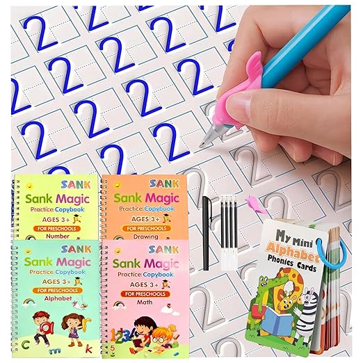 Magic Grooved Writing Practice for Kids Age 3-5,Reusable Groove Handwriting Workbooks,Preschool Learning Activities with Mini Alphabet Phonics&Auto-Disappearing Pen(4-Book)