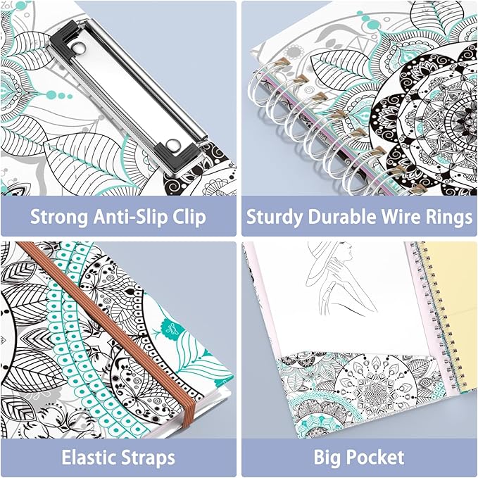 Rimilak Spiral Clipboard Folio with Refillable Lined Notepad, 14.5 x 9.8 In, Hardcover Cover with 5 Interior Pockets, Elastic Band and Pen Loop Series. Cute Stylish Clipfolio, Mandala Flower