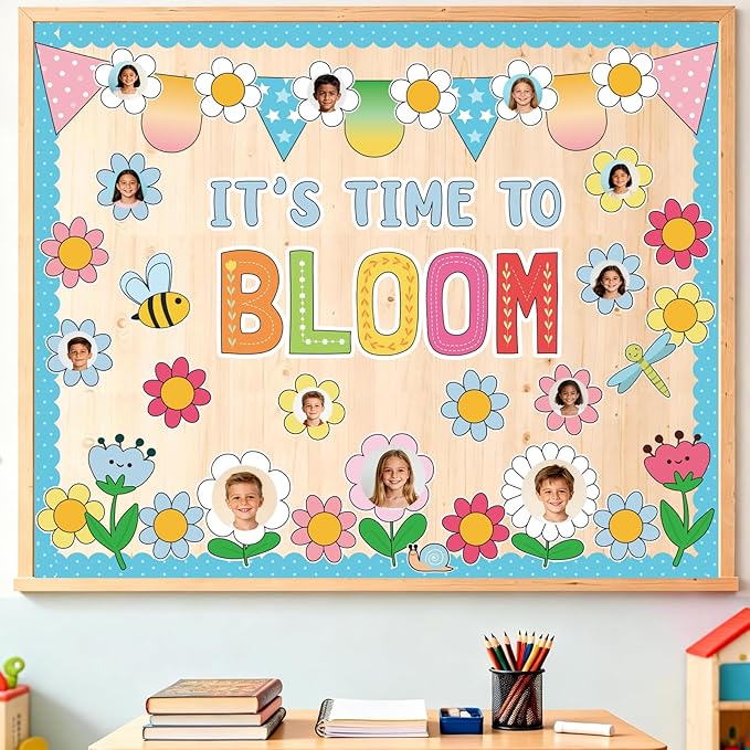 Spring Floral Bulletin Board Decorations for Classroom -It's Time To Bloom Bulletin Board Set Daisy Bee Dragonfly Cutouts DIY Flower Photo Crafts for Summer Spring School Home Wall Door Decor Supplies