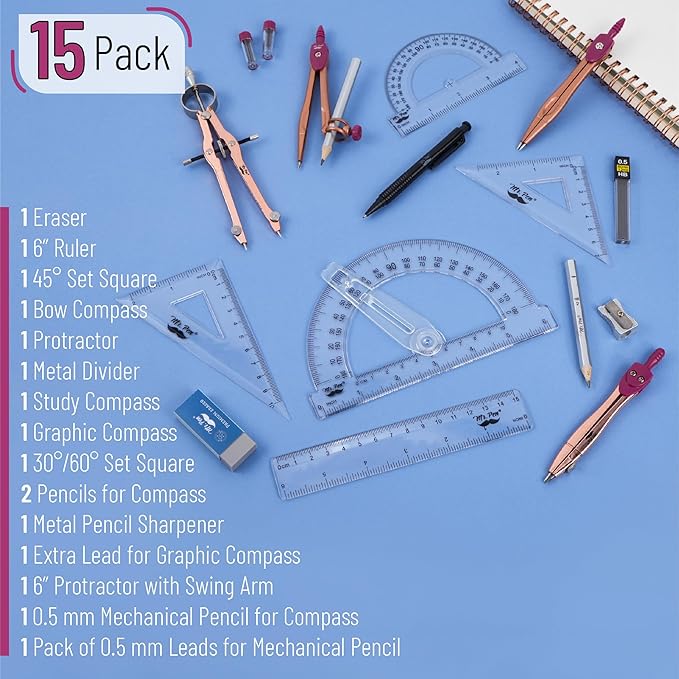 Mr. Pen- Geometry Set, 15 pcs, Rose Gold & Pink, 6 Inch Swing Arm Protractor, Divider, Set Squares, Ruler, Compasses and Protractor