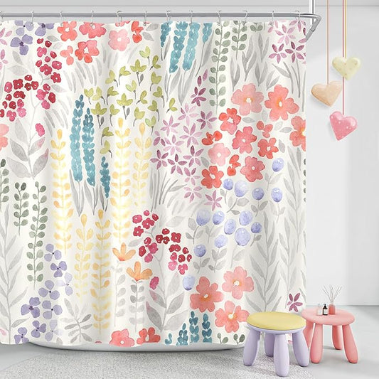 Extra Long Shower Curtain 72 x 96 Inch, Floor to Ceiling X-Long Tall Cute Floral Shower Curtain for Bathroom, Colorful Wildflower Boho Cottagecore Fabric Shower Curtain Set with Hooks, Ivory