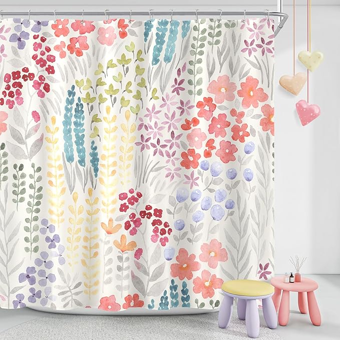 Extra Long Shower Curtain 72 x 84 Inch, Tall Cute Floral Shower Curtain for Bathroom, Colorful Wildflower Boho Cottagecore Fabric Shower Curtain Set with Hooks, Ivory