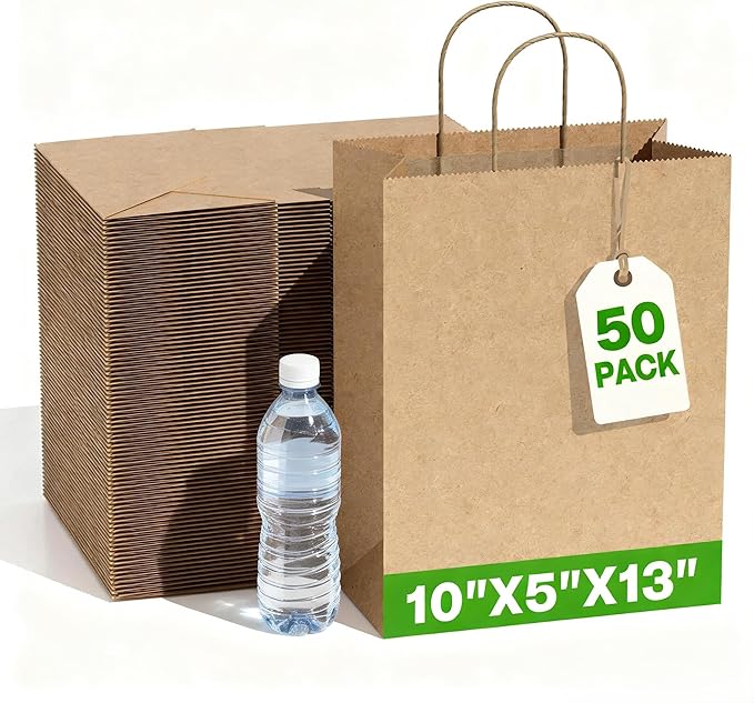 Simple Deluxe Value Pack of 50 Kraft Paper Bags with Handles (10x5x13 Inch) - Made in USA from 90GSM 100% Recycled Paper for Retail, Bulk Savings for Retail, Stores & Gift Packaging
