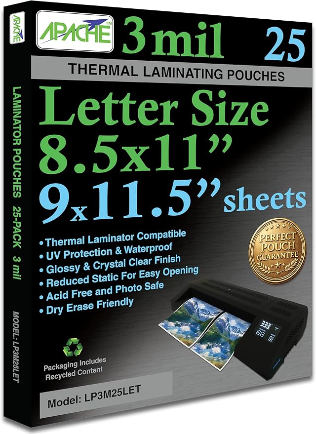 Apache 25 Pack Laminating Pouches 3 mil, Holds 8.5 x 11 Inch Letter Size (9 x 11.5 Inch Sheets), Office and School Supplies, Thermal Laminating Sheets, Super Clear, Round Corner