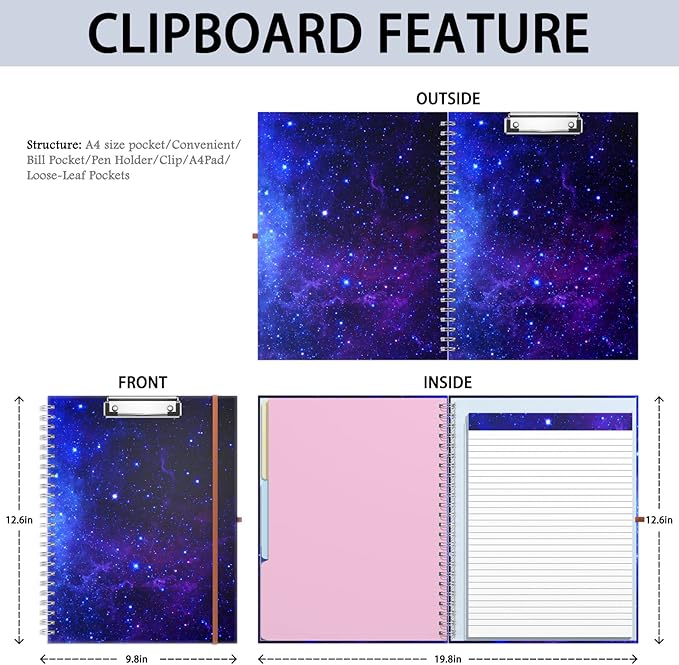 Rimilak Spiral Clipboard Folio with Refillable Lined Notepad, 14.5 x 9.8 In, Hardcover Cover with 5 Interior Pockets, Elastic Band and Pen Loop Series. Cute Stylish Clipfolio, Purple Nebula