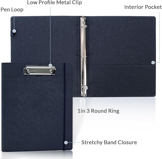 SKYDUE Clipboard Binder with Dividers,1 Inch 3 Ring Binder with Clipboard on Front, Clipboard Folder with Pocket, Labels Office Supplies Blue