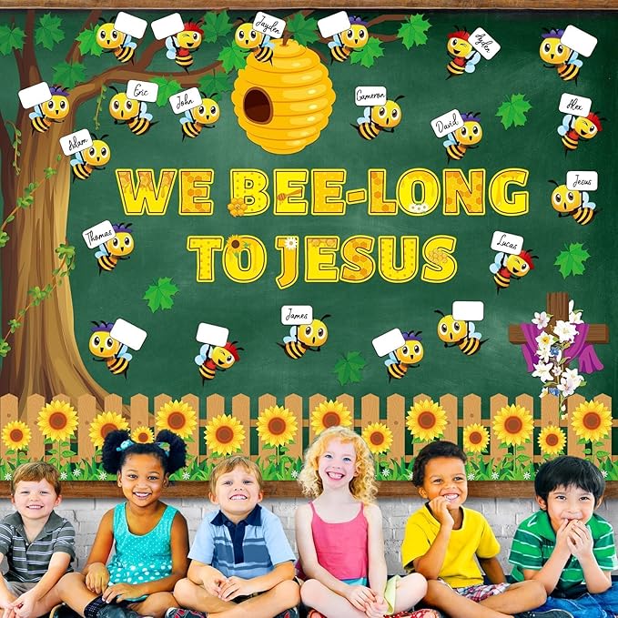 gisgfim Bee Bulletin Board Decoration Set Bee Jesus Religious Borders Cutouts for Classroom Door VBS Christian Sunday School Sunnmer Welcome Bulletin Board Craft Home Wall (We Bee-Long to Jesus)