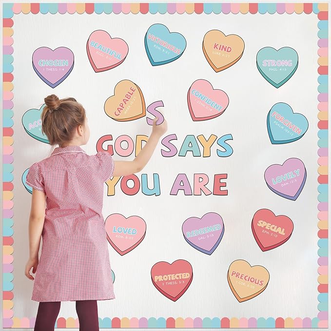 Kosiz 64 Pcs Valentine's Day Christian Hearts Bulletin Board Decoration Religious Candy Heart Cutouts for Church Sunday School Classroom Chalkboard Wall Decor
