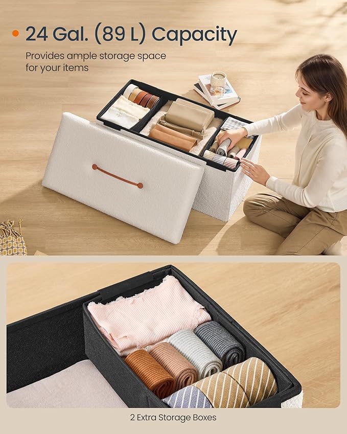 SONGMICS Storage Ottoman Bench, Storage Chest, 15 x 30 x 15 Inches, Foot Rest Stool, End of Bed Bench, Load up to 660 lb, for Living Room, Bedroom, Entryway, Cream White ULSF096W01