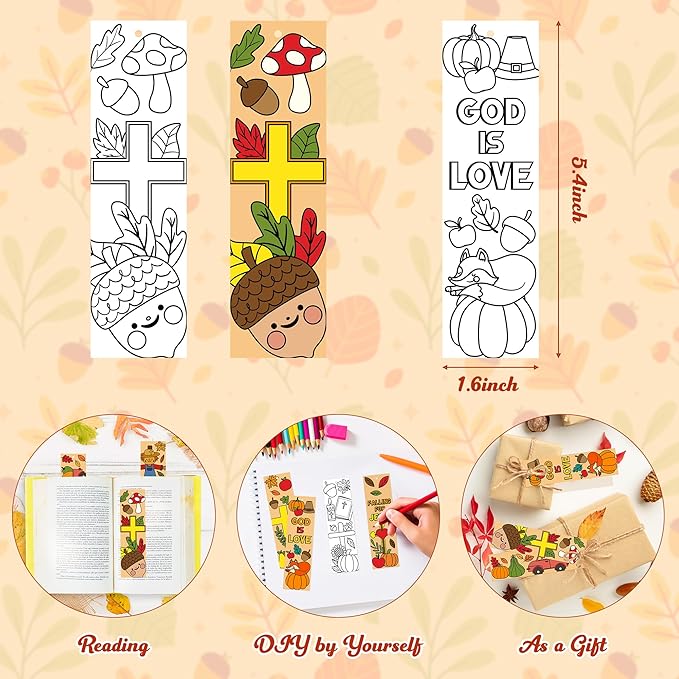 75Pcs Fall Color Your Own Bookmarks for Kids Religious Theme DIY Coloring Blank Bookmark Christian Classroom Art Craft Supplies for Teachers Students Gift Party Sunday School Reward Goodie Fillers