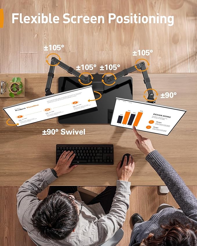 Perlegear Dual Monitor Stand with Power Strip, Freestanding Computer Monitor Stand for 2 Screens up to 32 Inch, Monitor Stand Riser with Glass Base and Adjustable Arms, Holds 22 lbs per Arm, PGTVS41B