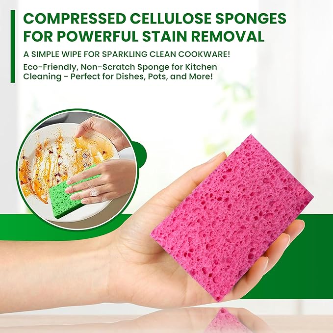 Cellulose Sponges – 24-Pack Multicolored Compressed Natural for Kitchen – Plant-Based, Biodegradable, Non-Scratch, Quick-Dry, Super-Absorbent for Dishes & Surfaces