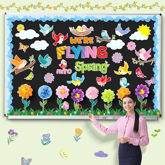 Blosssound 82 Pcs We're Flying into Spring Bulletin Board Set Spring Floral Bird Cutouts with 3D Tissue Paper Pompoms Colorful Bird Classroom Decorations for School Home Decor Supplies