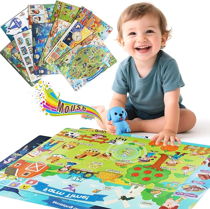 Learning Poster Mat with Talking Pen for Preschool Early Education Learning Toys, Talking Posters for Toddlers Ages 2-4 Grandkids, Interactive Sensory Autism Toys for Birthday Gifts