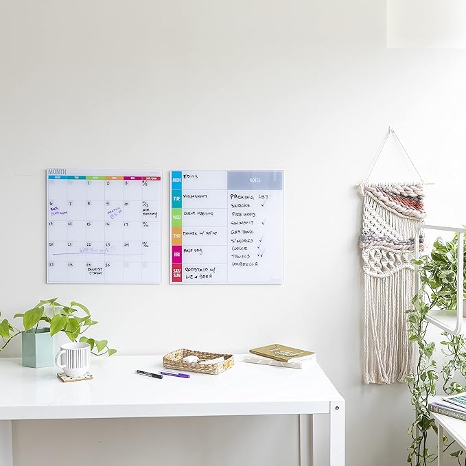 ECR4Kids MessageStor Magnetic Dry-Erase Glass Board with Magnets, 17.5in x 17.5in, Wall-Mounted Whiteboard, Assorted Calendar, 2-Pack