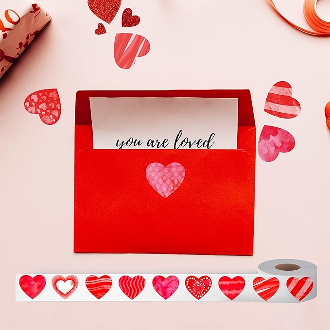 1200 PCS Red Heart-Shaped Sticker, 12 Designs Self-Adhesive Labels with Perforation Line in Roll for Valentine's Day, Blood Drives, Teachers & Classrooms, Award Charts, Bookmarks (3/4" Each)