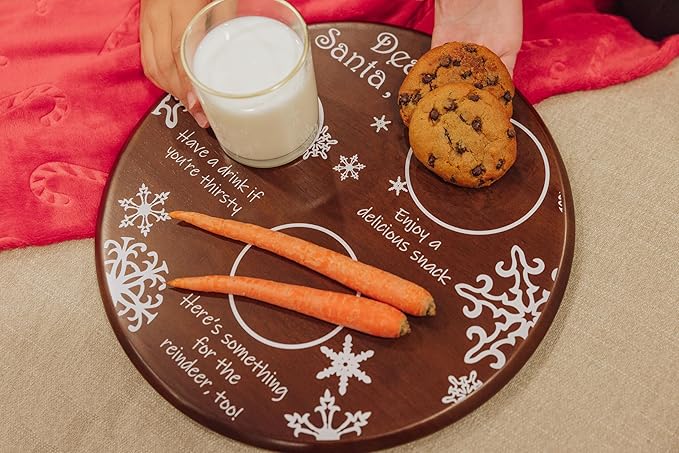 Picnic TIME Dear Santa Cookie and Milk Plate, Wooden Serving Tray, Christmas Appetizer Tray, Holiday Charcuterie Board, (Stained Parawood)