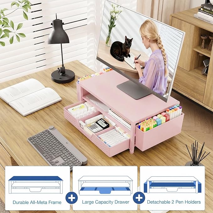 OPNICE Desk Organizers and Accessories, 2-Tier Computer Monitor Stand Riser with Drawer and 2 Pen Holders, Laptop Stand, Office Desk Accessories for Office Supplies, Pink
