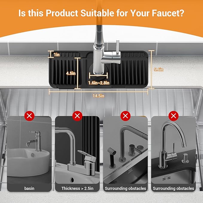 Faucet Mat for Kitchen Sink, 14"X5.5" Silicone Sink Splash Guard with Soap Holder, Snap-On Design & 7°slope Fast Drain, Folding Sink Faucet Mat for Universal Kitchen Bathroom Sink（Black）