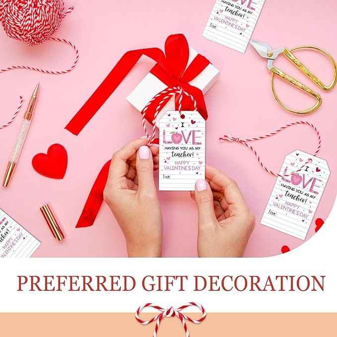 50Pcs Teacher Valentine's Day Tag - Happy Valentine Tags with String, Teacher Gift Label Idea Valentines Activity School Classroom Party Favors