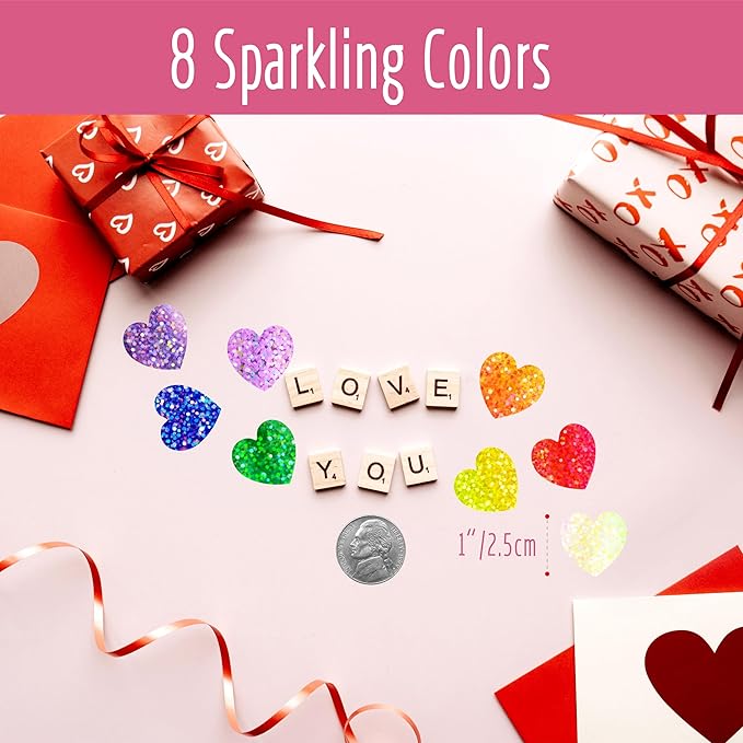 500 PCS Glitter Heart Stickers, 8 Colors Metallic Glitter Stickers Self Adhesive Waterproof Reflective Heart Stickers Love Decorative Labels for Wedding, Classroom Teacher Supplies (Each Measures 1”)