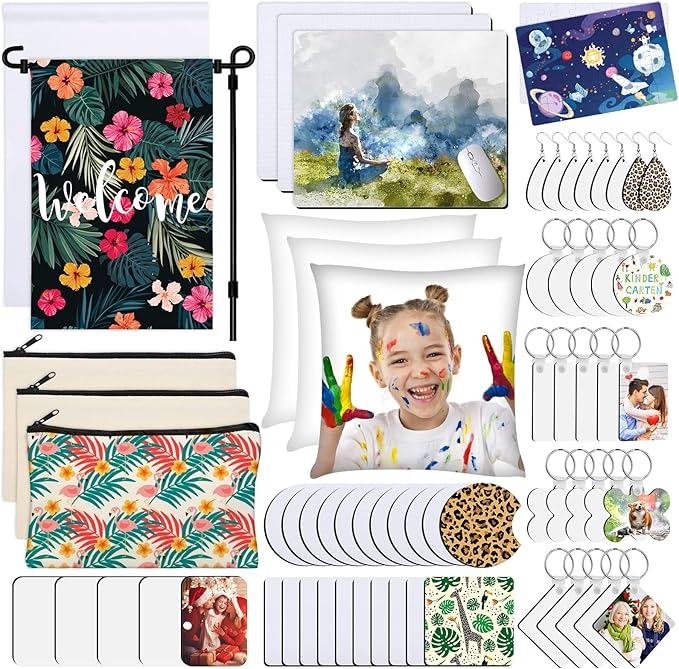 Modacraft 128-Piece Sublimation Blanks Kit - Premium DIY Bundle for Home Decor | Craft Supplies for Cricut, Birthday Gifts, Halloween, Thanksgiving, Christmas Customization (White)