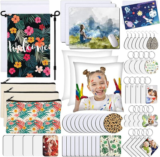 Modacraft 128-Piece Sublimation Blanks Kit - Premium DIY Bundle for Home Decor | Craft Supplies for Cricut, Birthday Gifts, Halloween, Thanksgiving, Christmas Customization (White)
