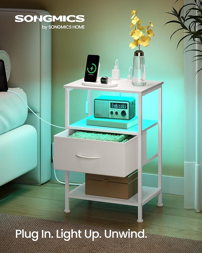 SONGMICS BELLAH Collection - Nightstand with Charging Station and App-Controlled Adjustable LED Lights, Bed Side Table, 1 Drawer and 2 Open Shelves, Bedroom, Cloud White and Snow White ULGS301WH01S