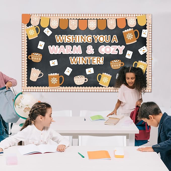 Winter Bulletin Board Christmas Hot Cocoa Bulletin Board Set Classroom Decoration Wish You A Warm Cozy Christmas Cutouts for Winter Xmas Holiday School Office Home Chalkboard Wall Door Decor