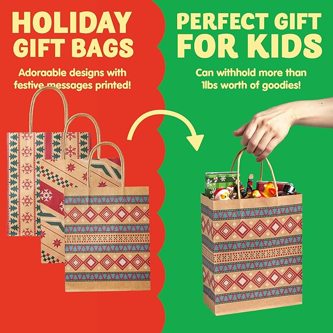 JOYIN 24 PCS Christmas Kraft Gift Bags for Present Wrapping, Holiday Paper Goody Gift Treat Candy Bags for Xmas Decor Supplies Classrooms Wedding and Party Favors (9" x 7.3" x 3.3")