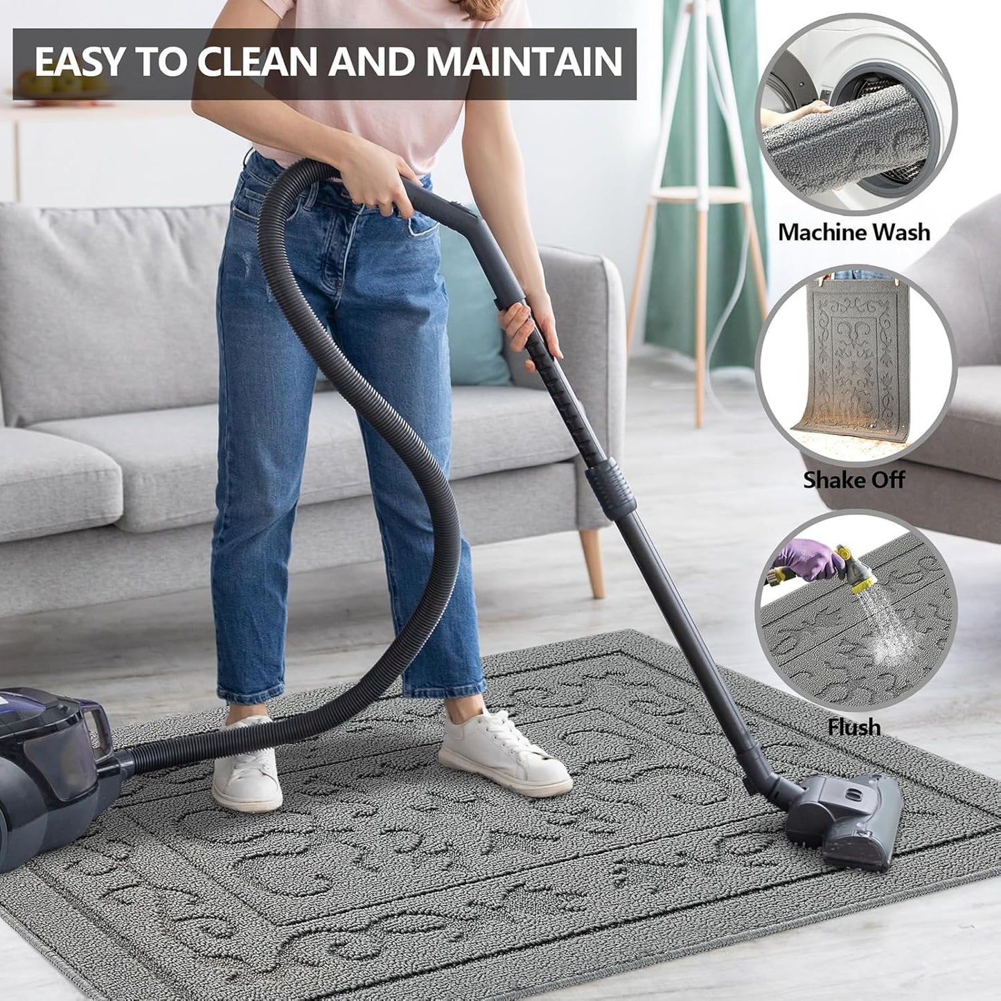 FONEYI Indoor Door Mat 24" x 36", Dirt Trapper Door Mats Non-Slip Entryway Rugs Washable, Absorbent Resist Dirt Welcome Mat, Low Profile Inside Floor Mats for Front Back Door and Entryway, Light Grey