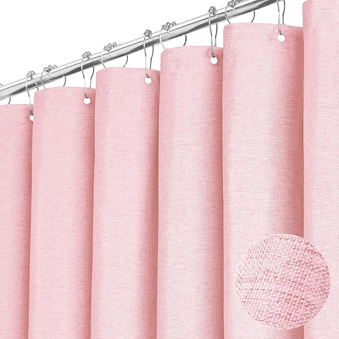BTTN Pink Fabric Shower Curtain - Linen Textured Weighted Cloth Shower Curtain Set with 12 Plastic Hooks, Machine Washable, Hotel Spa Luxury Neutral Decorative Modern Bath Curtains for Bathroom, 72x72