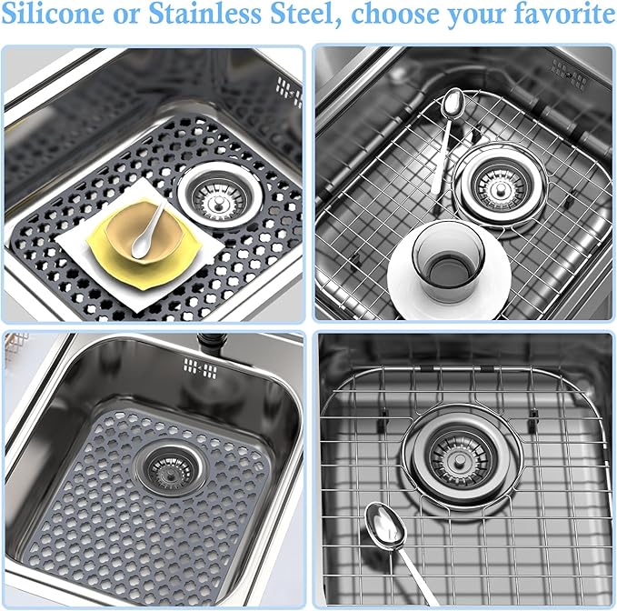 2 Pack Silicone Sink Protector for Kitchen Sink Bathroom, 13.58" x 11.6" Heat-resistant Sink Mat Non-Slip and Durable Silicone Protectors, Rear Drain, Gray
