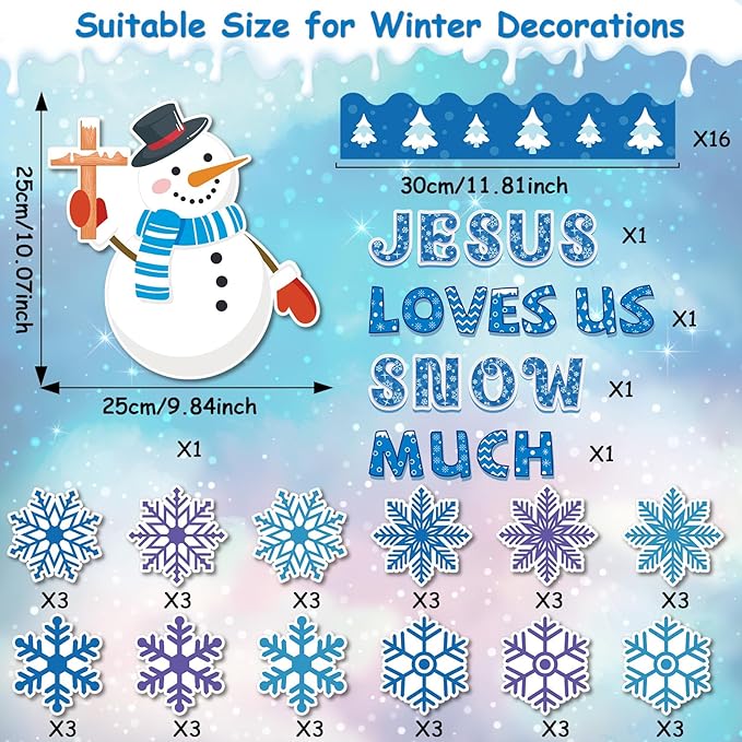 Winter Bulletin Board Decoration Set Winter Snowflakes Snowman Paper Cutouts Christmas Christian School Church Decor for Classroom Religious Christmas Home Wall Decor Supplies(Jesus Love Us Snow Much)