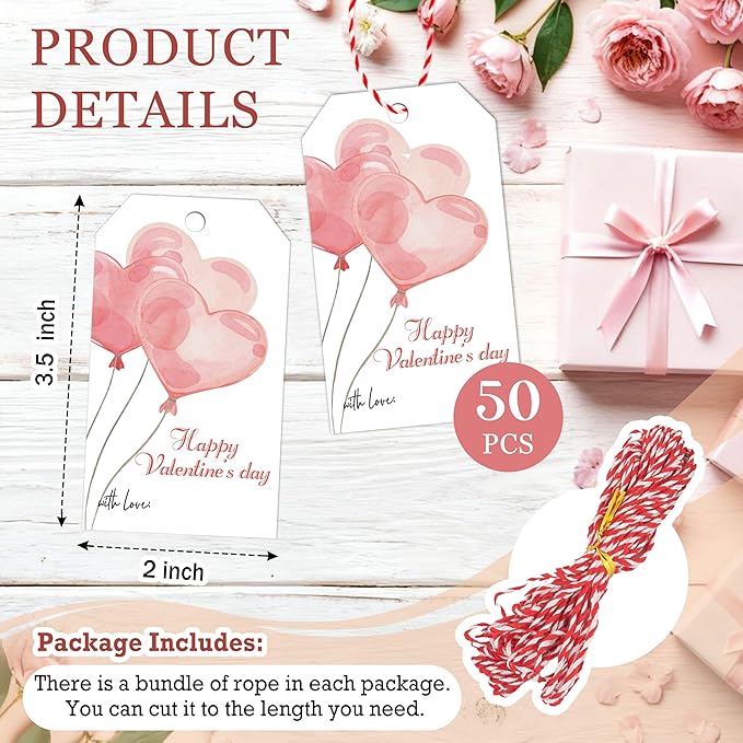 50Pcs Happy Valentines Tags for Bags - Balloon Valentine Gift Tags with String, Hanging Paper Gift Label for Wrapping Treat Bag, Idea Valentines Activity School Classroom Party Favors