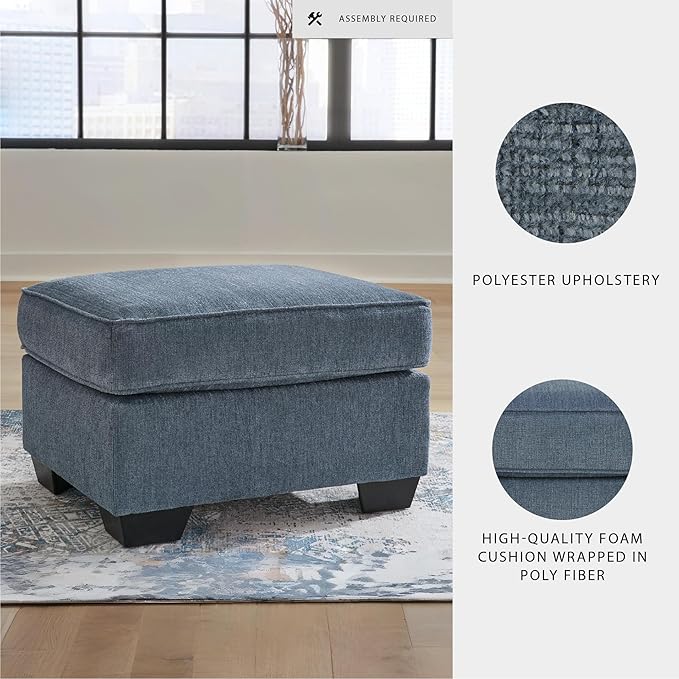 Signature Design by Ashley Cashton Contemporary Accent Ottoman with Faux Wood Finished Exposed Feet, Foam Cushion, Crosshatched Upholstery, 30" by 24", Blue