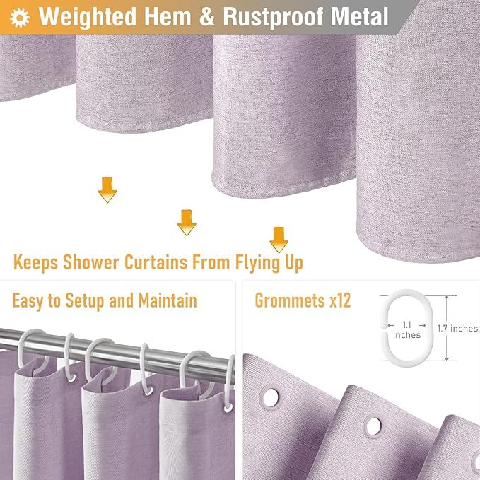 BTTN Extra Long Shower Curtain, 96 Inch Long Linen Textured Heavy Duty Fabric Shower Curtain Set with 12 Plastic Hooks, Tall Decorative Neutral Waterproof Cloth Shower Curtain for Bathroom, Lavender