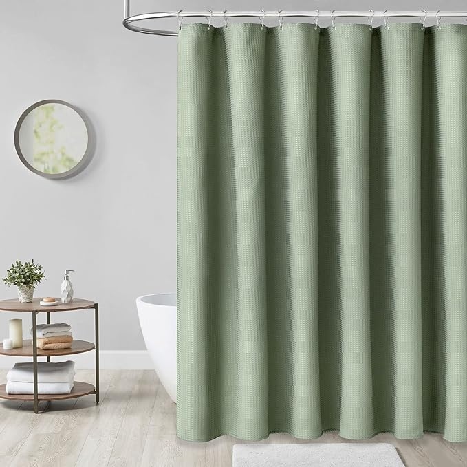 Dynamene Extra Long Shower Curtain,84 Inch Long Waffle Weave Weighted Thick Fabric Bathroom Shower Curtain, Heavy Duty Large Hotel Bath Curtain Set with 12 Plastic Hooks,72x84,Sage Green