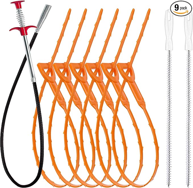 35.5inch Drain Clog Remover(1pcs), 25inch Drain Snake Hair Remover(6pcs) ＆ Cleaning Brush(2pcs), Hair Catcher Drain Auger Cleaner Tool Set For Toilet, Kitchen Sink, Bathroom Tub, Sewer, 9 Pack