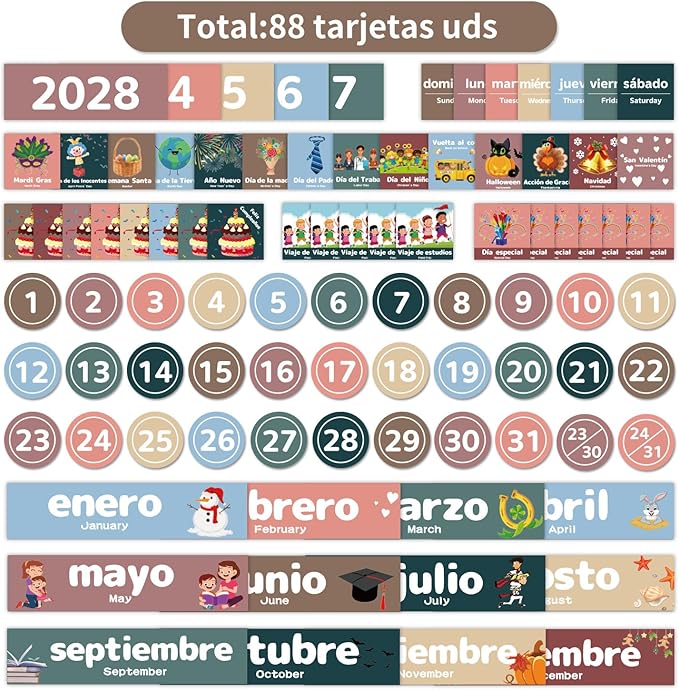 Monthly Calendar Pocket Chart for Classroom, Printed Days of The Week with Cards, Learning for Home or Kindergarten, Teacher Must Have Supplies That Fits Any School Décor (Spanish Black)